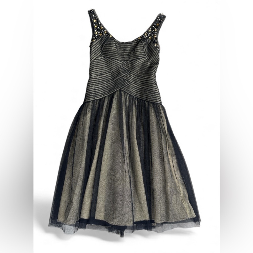 BCBGMaxazria Gold/Black Color Embellished Formal Halter Below Knee Dress Size 4